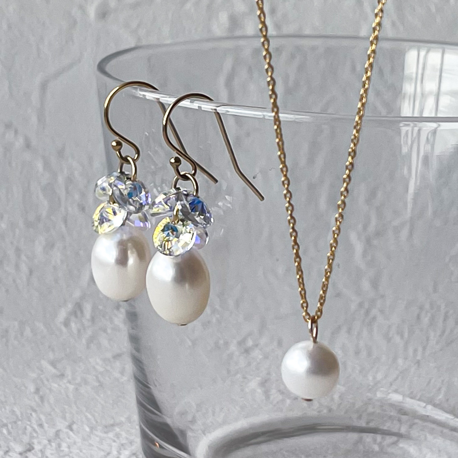 Creema限定 14kgf 淡水パール 高品質 クリスタルガラス ギフト  オフィス セット