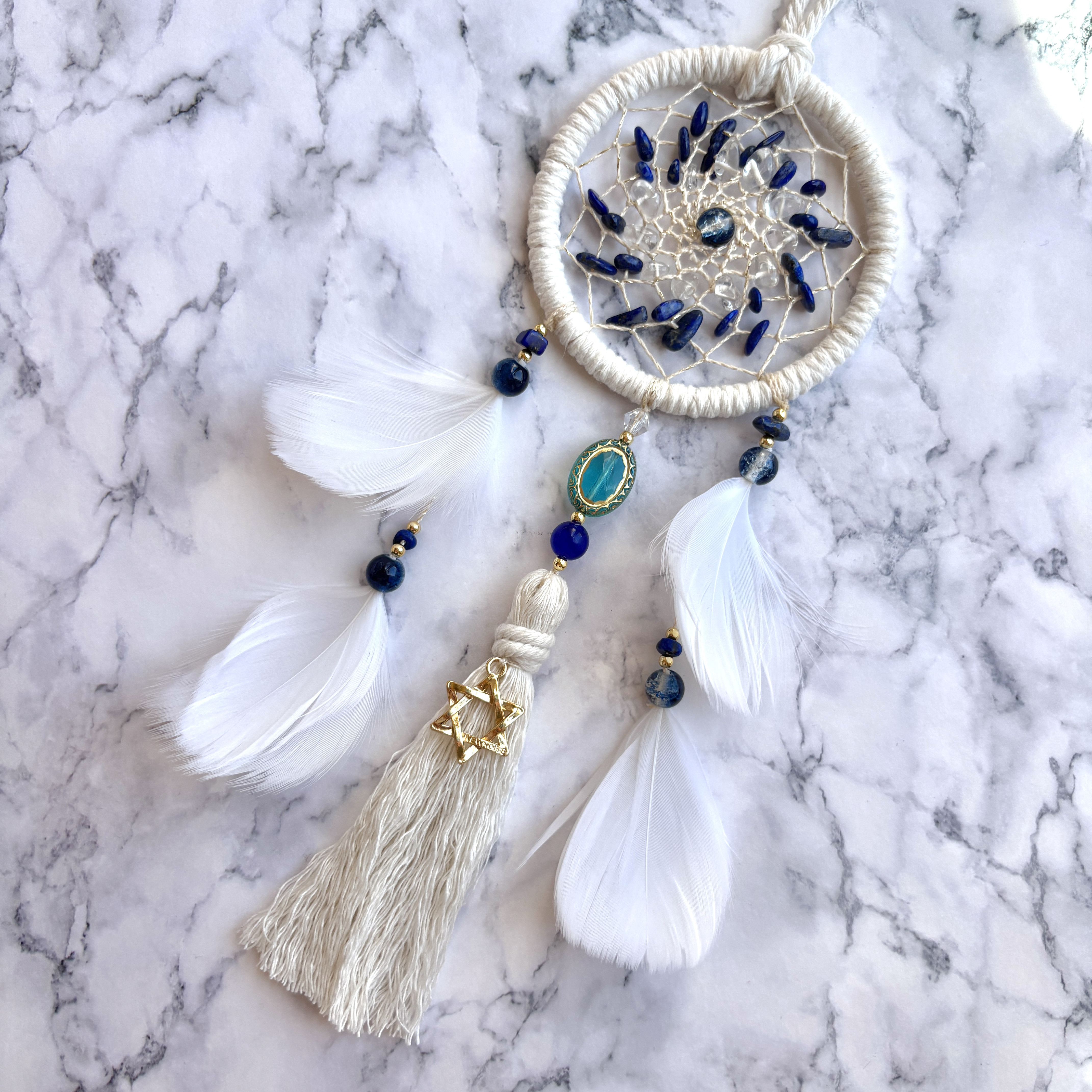 【守護・健康】9月の誕生石 ホワイト 《ラピスラズリ×水晶》 ドリームキャッチャー