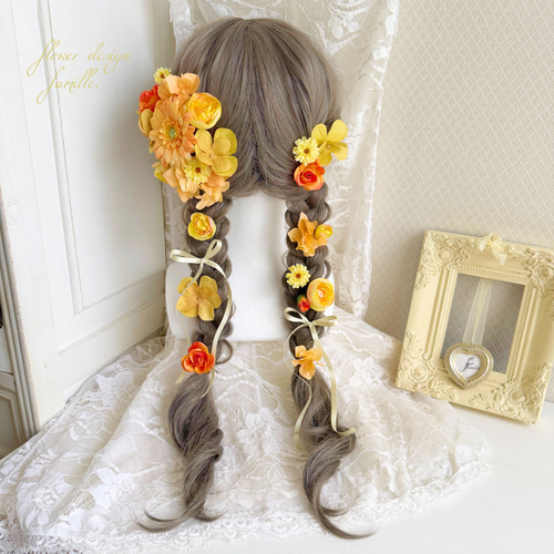 秋色 ✧ リボン × オレンジ × イエローグラデ ツイン編みおろしヘア 髪