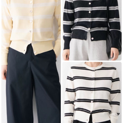 メリノウール99%、貝ボタンがきらめく軽量ストライプ ニットカーディガン〈4色展開〉 1枚目の画像