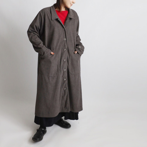 秋の新作 コーデュロイ生地 角襟 ロングコート 後ろリボン