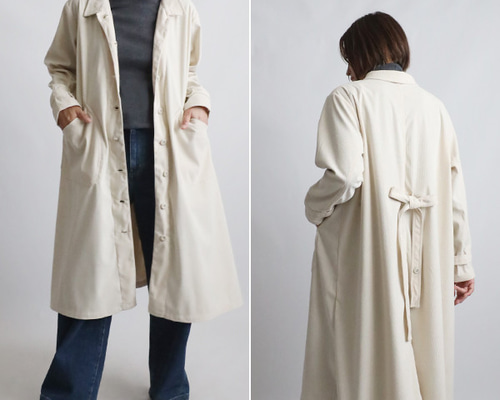 ベージュ コーデュロイ襟 ロングコート ラスト4 冬SALE ニット コーデュロイ 角襟 ロングコート 後ろ