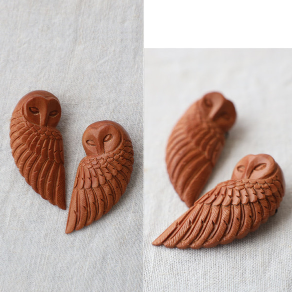 新作　２個セット　ブローチ　手彫り　ウッド　カービング　天然木　フクロウ　モチーフ　サウォウッド　ペア　ハート　Q15A 3枚目の画像