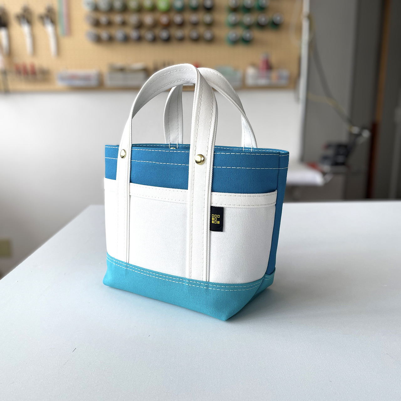 帆布トートバッグSS　ダークブルー×スカイブルー×オフ白　小さめ