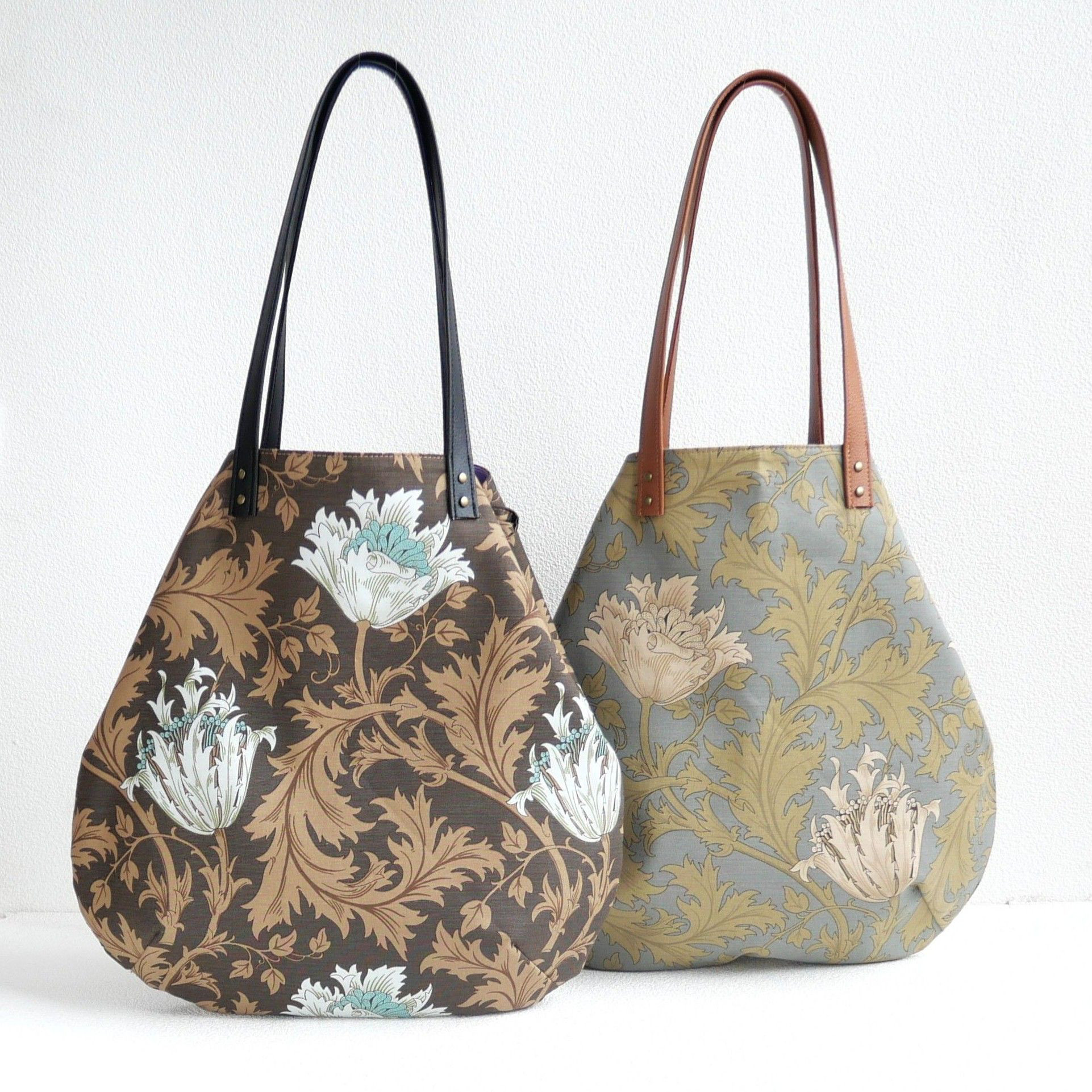 ブラウン＆くすみブルー　ウィリアムモリスアネモネ2WAYトート