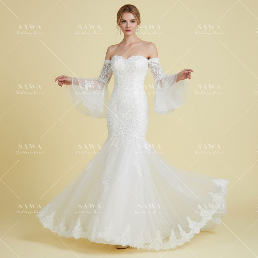 美品　ラッパお袖　取り外し可能肩紐　マーメイドドレス　優雅なレース　エレガントなシルエット　二次会前撮り演奏会コンテスト