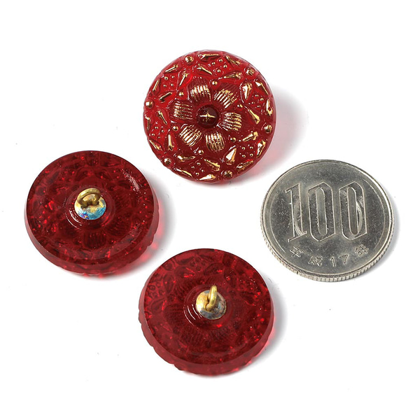 ガラスボタン 2.2cm オリエンタル・フラワー レッド＆ゴールド 3枚目の画像
