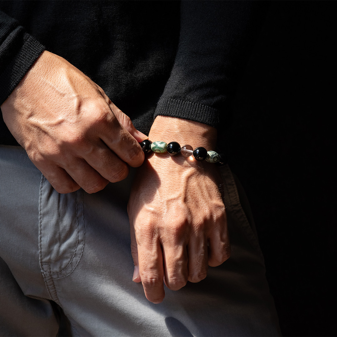 天然石ブレスレット 三眼天珠とオニキスとクリスタル サイズ調整応相談 メンズ レディース 17cm mb-013