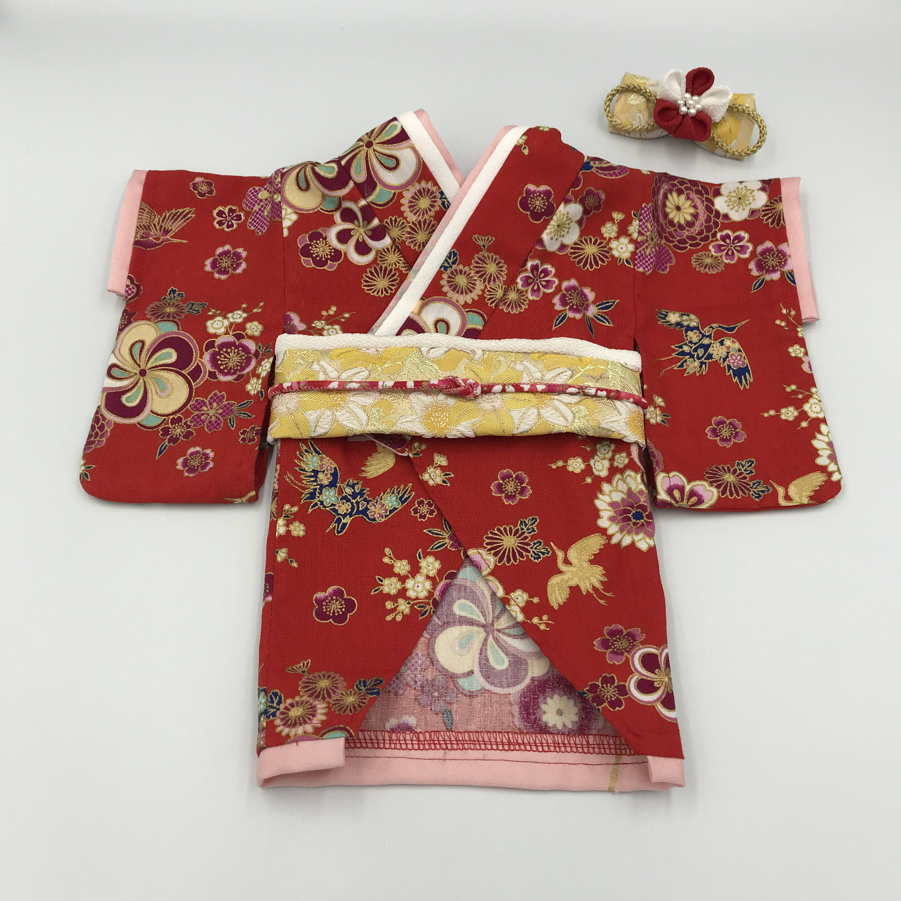 犬服　きもの（赤）XS  バレッタ付き（完成品）