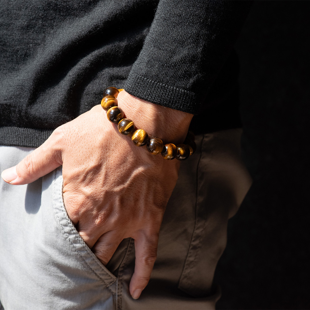 天然石ブレスレット 丸玉12mmイエロータイガーアイ サイズ調整応相談 メンズ レディース 16cm mb-014