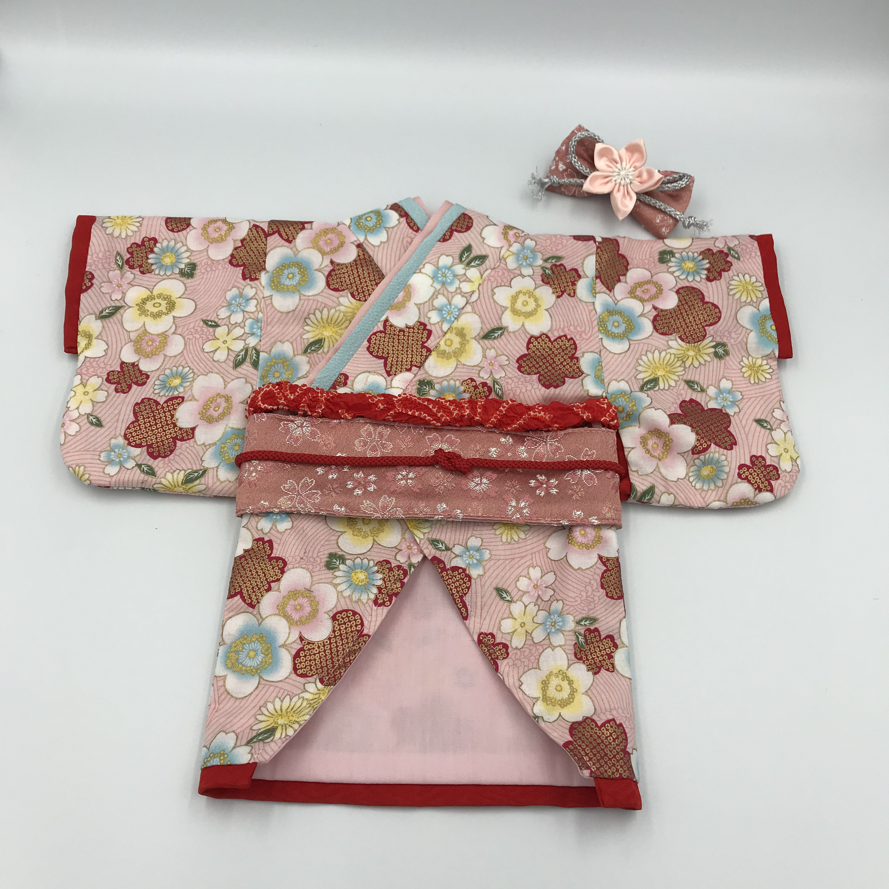 犬服　きもの（ピンク）S   バレッタ付き（完成品）