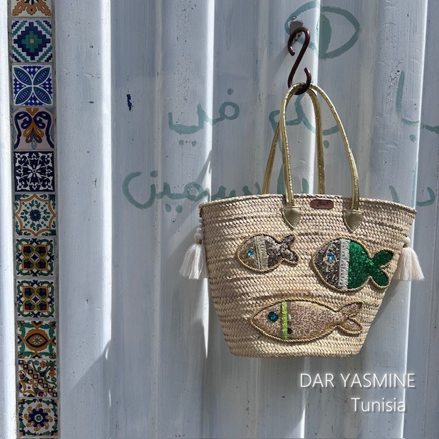 かごバッグ　キラッキラのお魚が泳いでる　内布付き　持ち手ロング