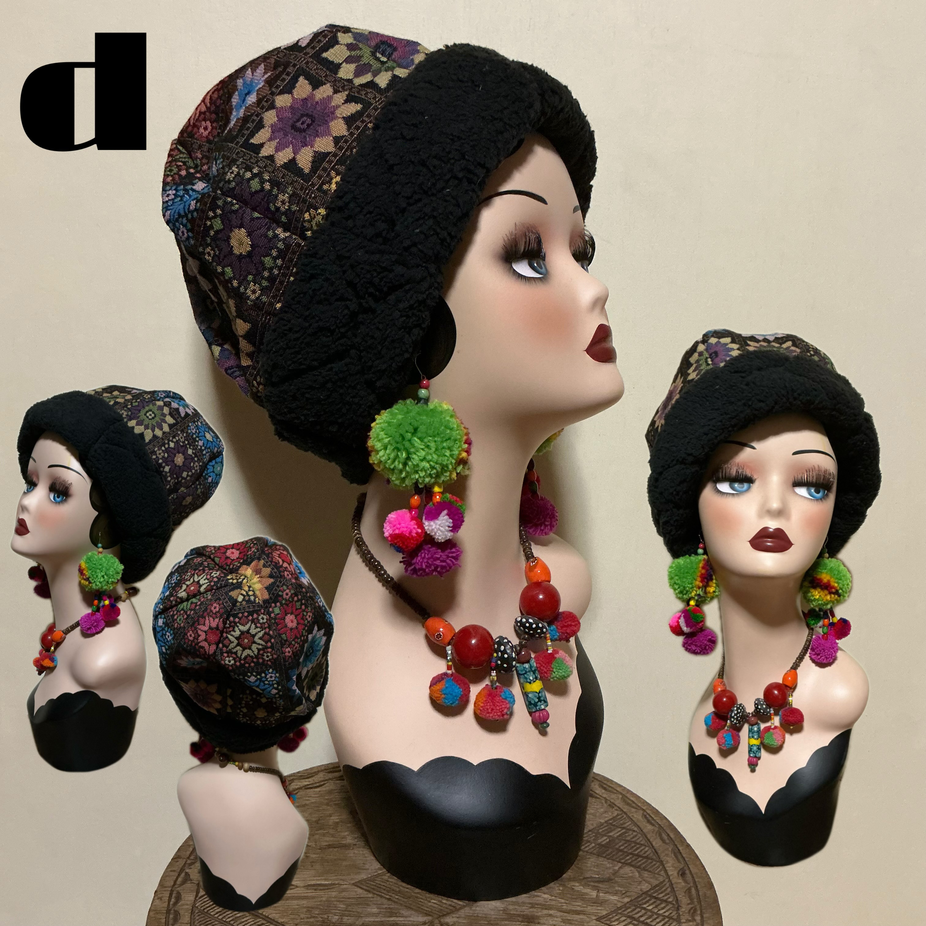 ジャガード×ボア　リバーシブル帽子　エスニック