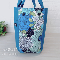 帆布 ころんとバック(2way・2ポケット) ＊Mサイズ＊スチールブルー×大花柄＊ 4枚目の画像