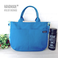 帆布 ころんとバック(2way・2ポケット) ＊Mサイズ＊スチールブルー×大花柄＊ 2枚目の画像