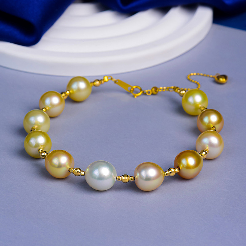 ルミナ 9-10mm 南洋ゴールドパール + オーストラリア産ホワイト天然海水パールブレスレット 18Kゴールド ミックスカラー