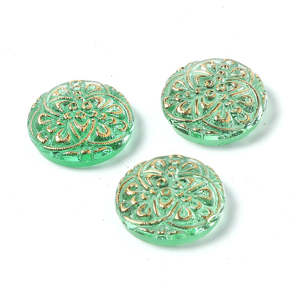 チェコガラス・カボション 1個 1.8cm グリーン 花ぐるま 2枚目の画像