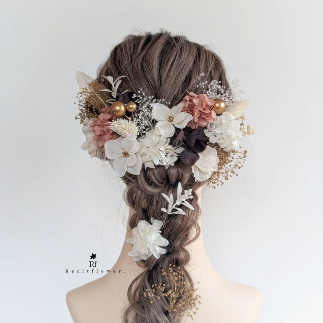 成人式 卒業式 結婚式 七五三 ドライフラワー 髪飾り 白 ゴールド アンティーク RC217