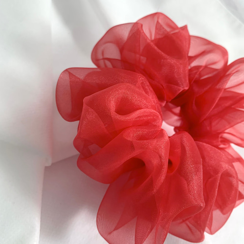 日本製オーガンジーシュシュ 赤 大きめ 14cm レッド あでやか 花 推し