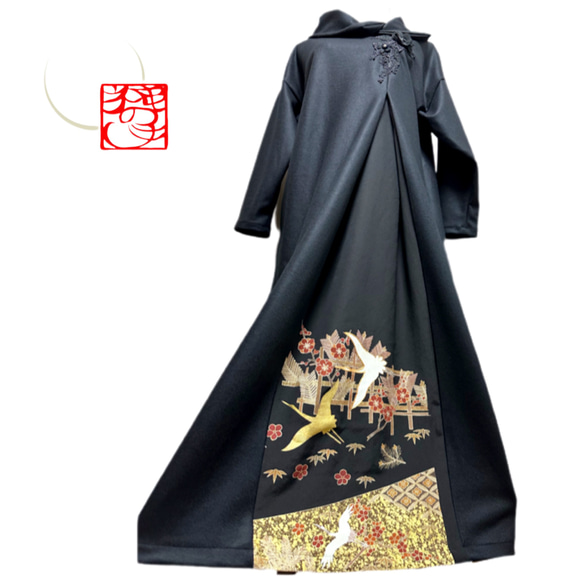 秋冬 留袖 着物リメイク ドレス 和柄 ワンピース ハンドメイド 黒×金糸