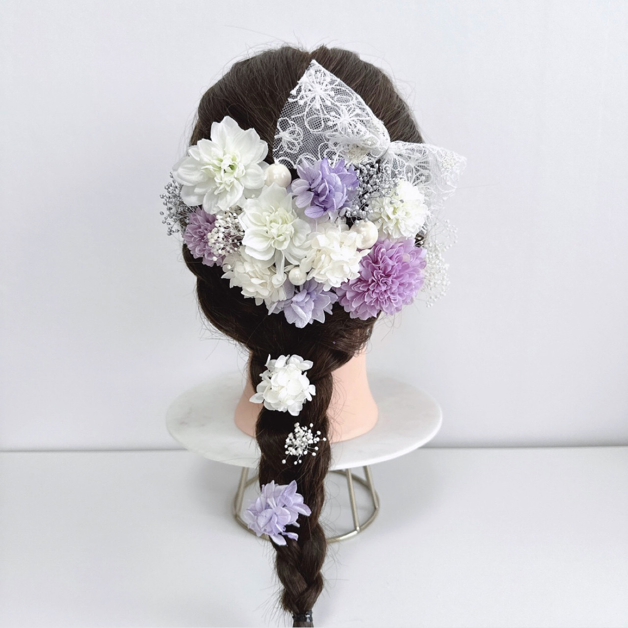 ラベンダー 紫 ホワイト ゴールド リボン ヘッドドレス 和装 髪飾り 成人式 前撮り 袴 卒業式