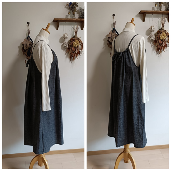 綿スラブシャンブレーキャミソール型ワンピースブラック 2枚目の画像