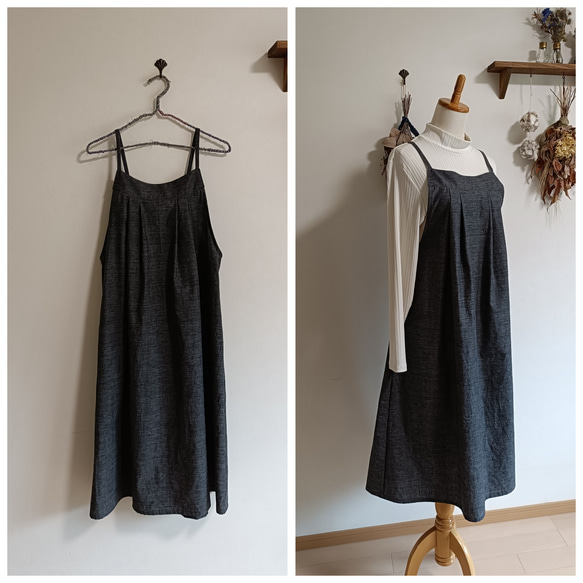 綿スラブシャンブレーキャミソール型ワンピースブラック 1枚目の画像