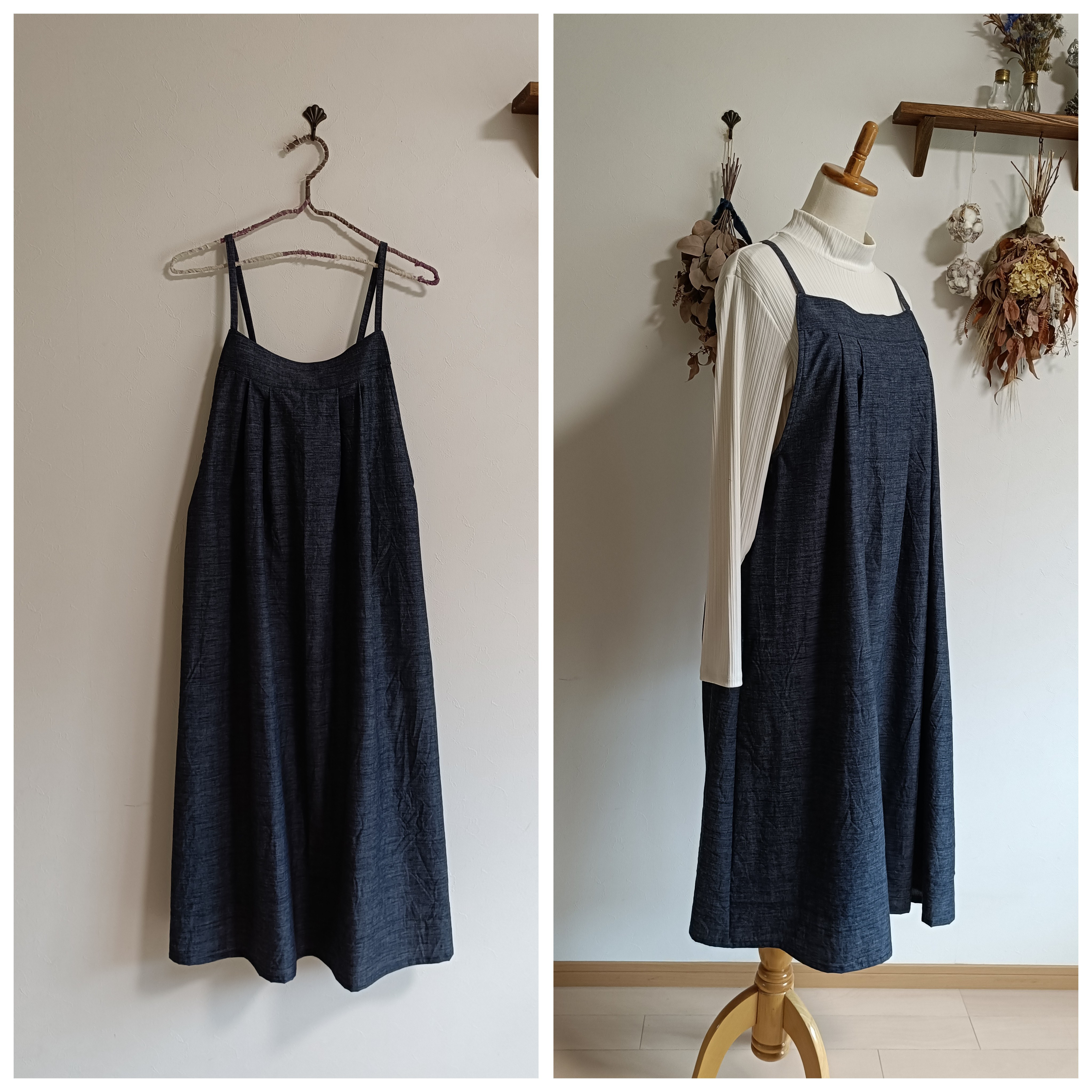 綿スラブシャンブレーキャミソール型ワンピースネイビー