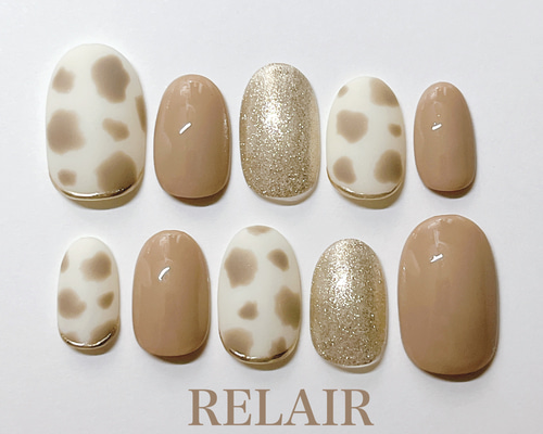 モカ ネイルチップ ネイルチップ アニマル 牛柄 マットネイル モカベージュ ラメ