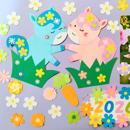 画用紙 午年 干支 かわいい 正月飾り 2026 花 新年 ラミネート可