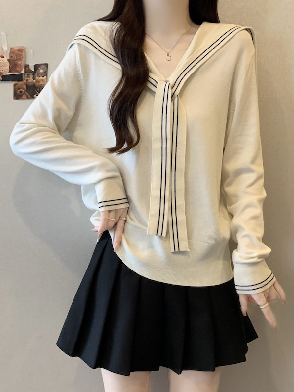 大きいサイズの海軍の襟の長袖のニットの女の2025新モデルの秋の太ったMMは肉を隠してやせて見えますデザイン感の小さい衆