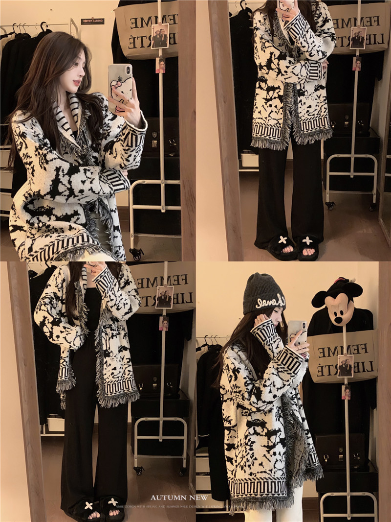 ビッグサイズ高級感フリンジセータージャケットレディース秋のデザイン感おしゃれ太めMMゆったり着やせニット