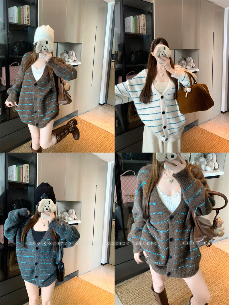 大码条纹毛衣外套女秋季2025新款慵懒风胖MM显瘦宽松百搭针织上衣