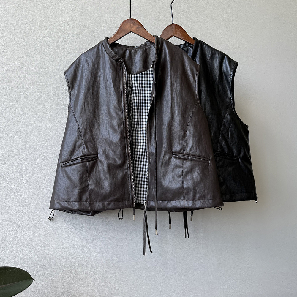 秋冬レディースフレンチデザイン感のチェック裏地・袖なしレザーベスト【返品・交換可】品質最優先25-343