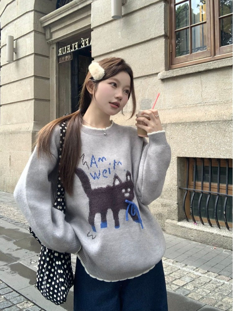 大きめサイズのぽっちゃりレトロなグレーの丸首の長袖セーター女性の秋のぽっちゃりMMゆったりとした見えやせプルオーバー百着