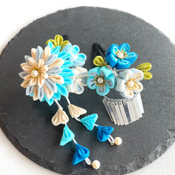 七五三　7歳　日本髪飾り　髪飾り　つまみ細工　水色 七五三髪飾り つまみ細工 かんざし 水色 パッチン留め 3歳 7歳