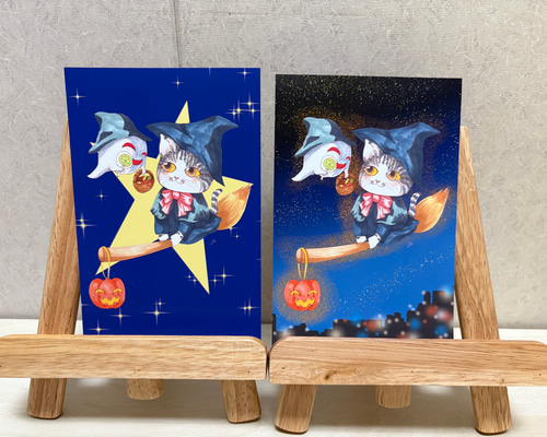猫魔女と可愛いお化けの夜空の魔法散歩 ポストカード2枚入りセット