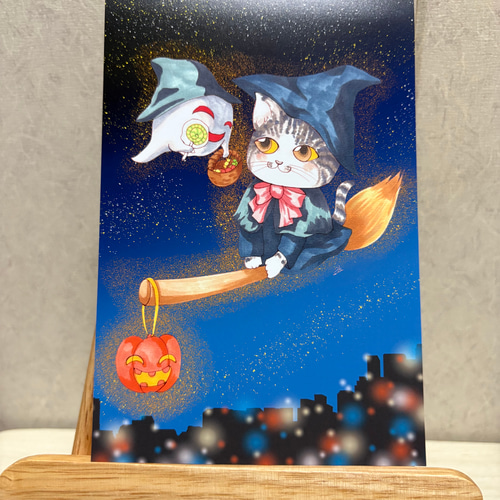 猫魔女と可愛いお化けの夜空の魔法散歩 ポストカード2枚入りセット