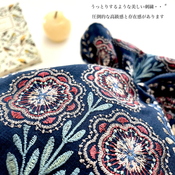 Marcella花刺繍のマニフィーク巾着バッグ iLiv社高級イギリス生地 高品質エンブロイダリー 太番手フレンチリネン 8枚目の画像