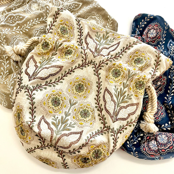 Marcella花刺繍のマニフィーク巾着バッグ iLiv社高級イギリス生地 高品質エンブロイダリー 太番手フレンチリネン 20枚目の画像
