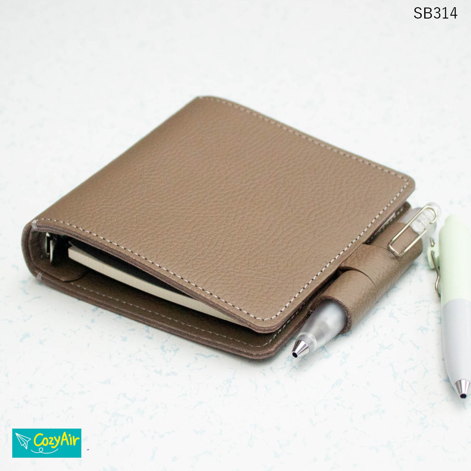 SB314 【受注制作】ミニ5スクエアサイズ バタフライロック 横長ノートのシステム手帳 5穴 本革エトープ