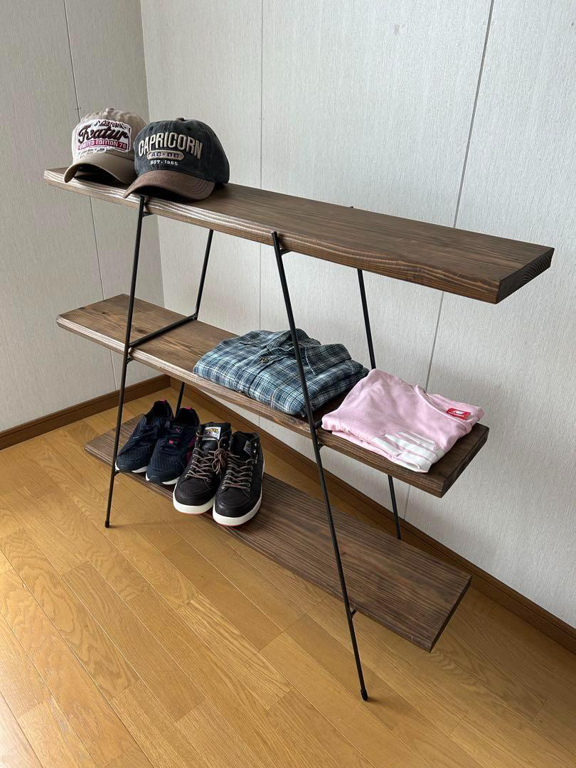 マルシェ　【カフェ板×アイアン】　カフェ板3段シェルフ　古材風ジャコビーン仕上げ