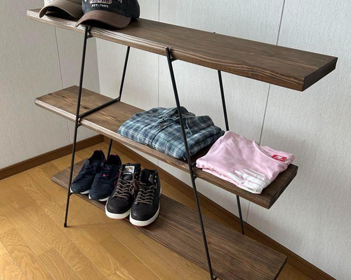 カフェ板3段シェルフ　アイアン家具　キッチン家具　オシャレ　ミニマル マルシェ 【カフェ板×アイアン】 カフェ板3段シェルフ 古材風