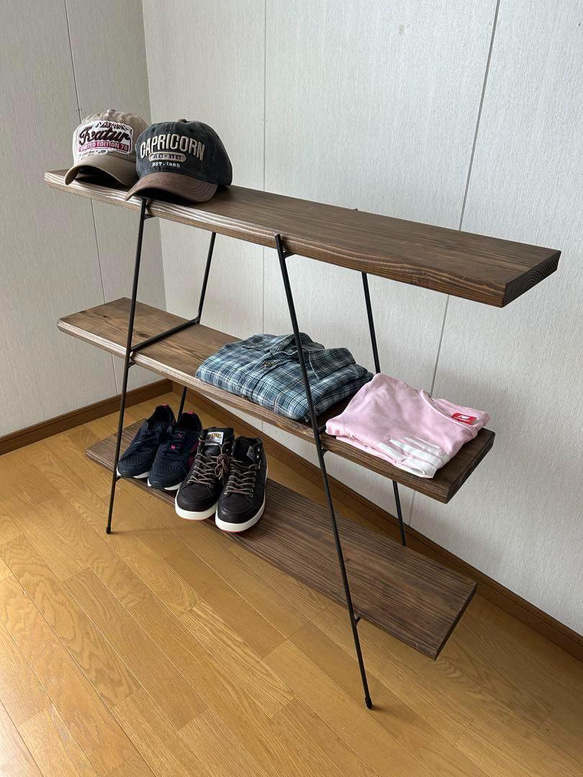 【カフェ板×アイアン】3段シェルフ｜古材風ジャコビーン仕上げ マルシェ 【カフェ板×アイアン】 カフェ板3段シェルフ 古材風