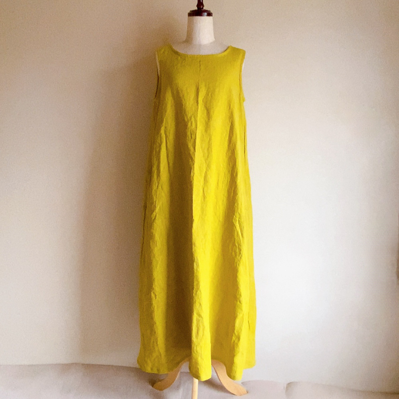 在庫あり＊フレンチリネン　ライムイエロー＊マキシ丈Aラインワンピース＊受注制作