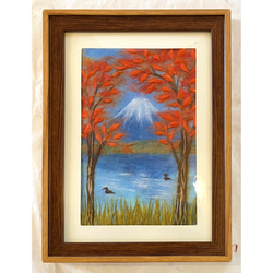 和紙ちぎり絵『秋の湖畔の公園』葉書サイズ原画 切り絵 彩紘工房