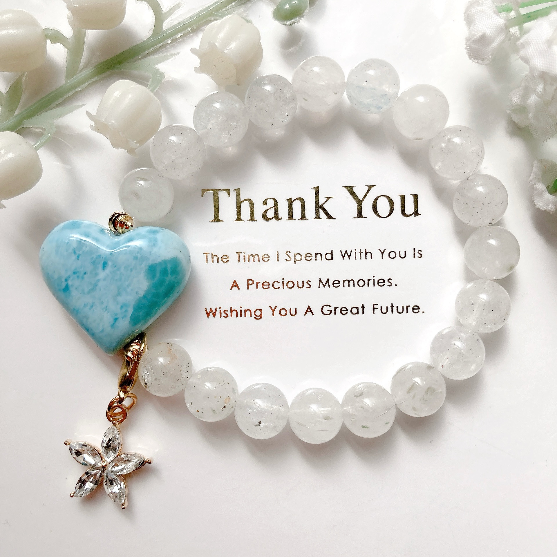 大粒ラリマーハートパイライトインクォーツ天然石ブレスレット