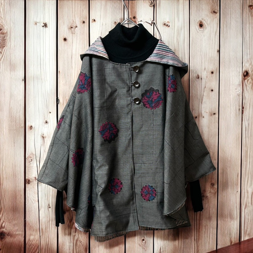 2510B】着物リメイク リバーシブル ケープコート ポンチョコート