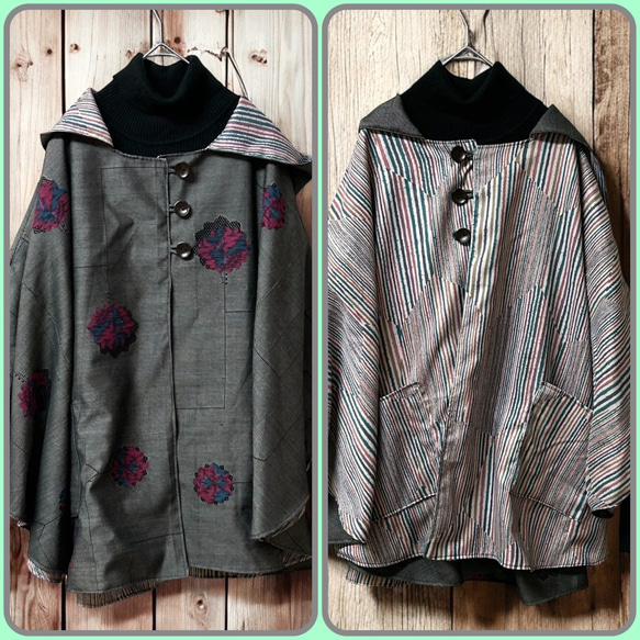 2510B】着物リメイク リバーシブル ケープコート ポンチョコート