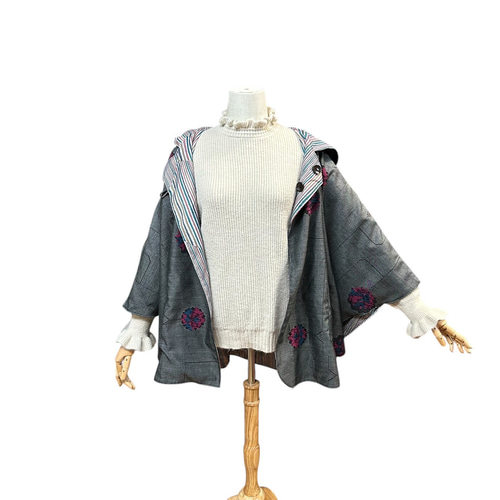 2510B】着物リメイク リバーシブル ケープコート ポンチョコート